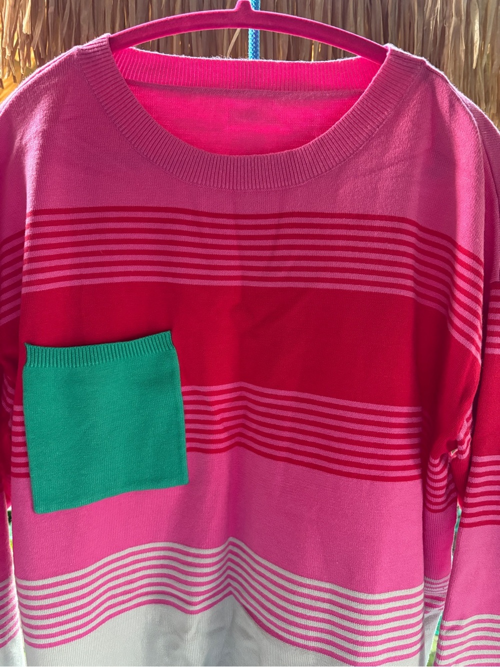 Women’s Pink Striped Crewneck Sweater with Green Pocket
